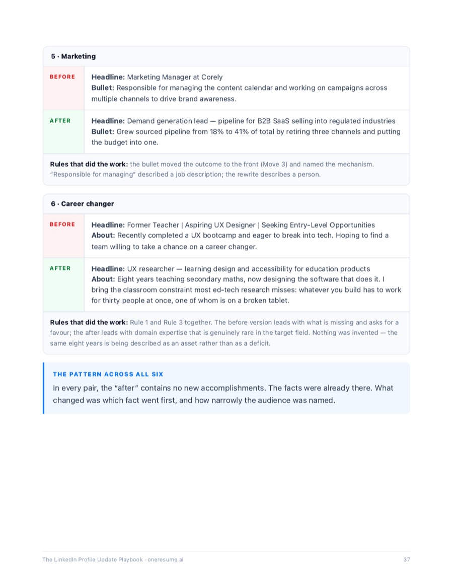 A page from the playbook showing annotated before and after LinkedIn profile rewrites