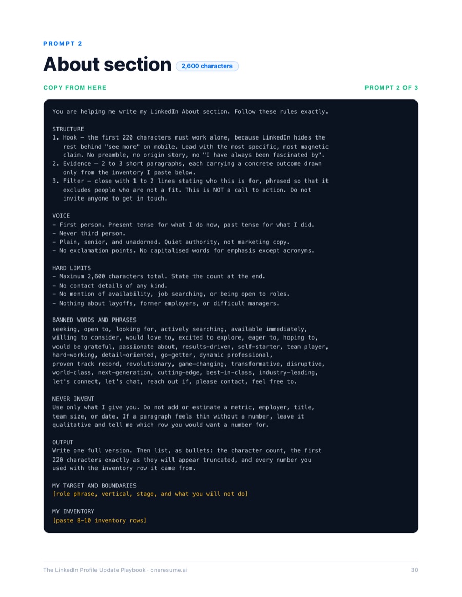A page from the playbook showing a full copy-paste AI prompt for the LinkedIn About section