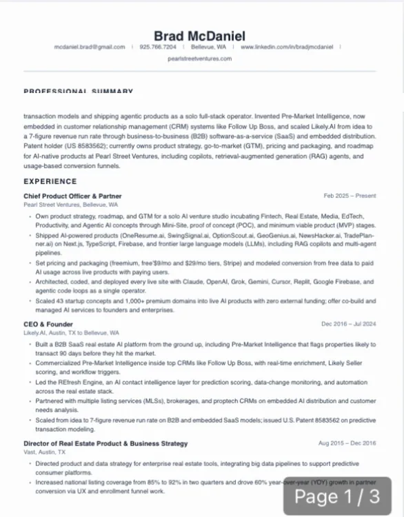 First page of the tailored résumé the demo produced