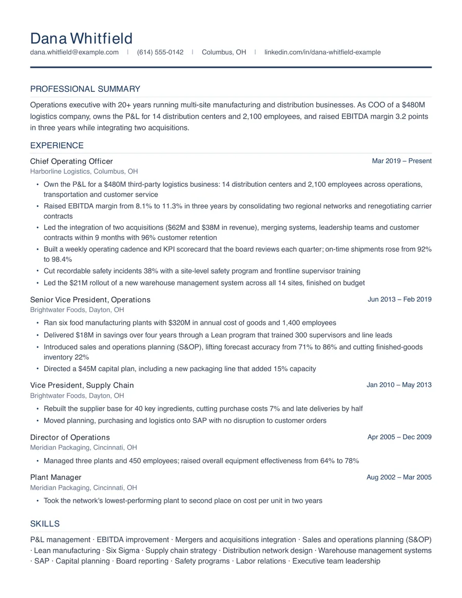 Page one of Dana Whitfield's sample résumé in the Professional template