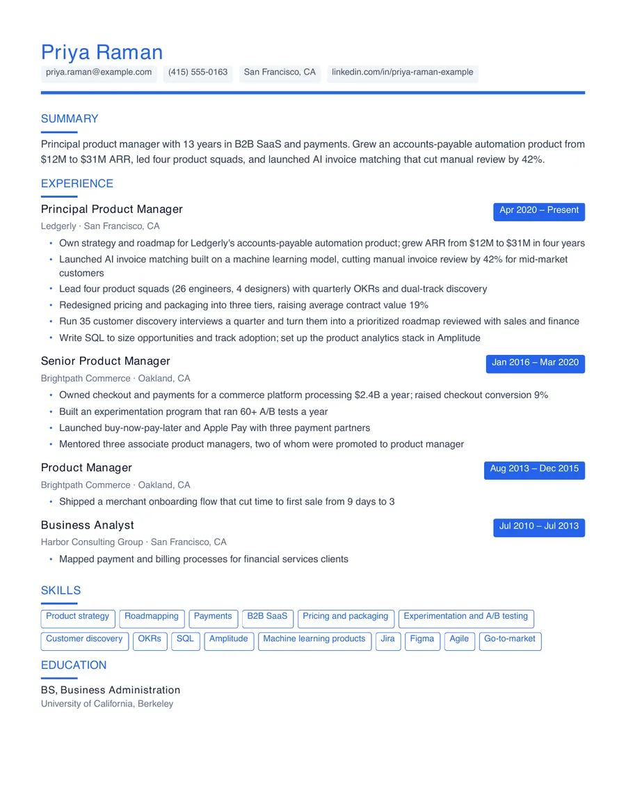 Page one of Priya Raman's sample résumé in the Modern template
