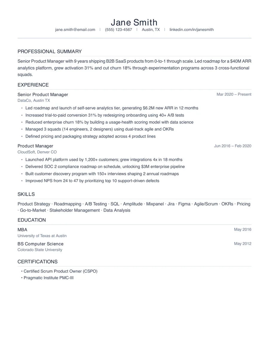 Clean résumé template, page one, filled in with a sample résumé