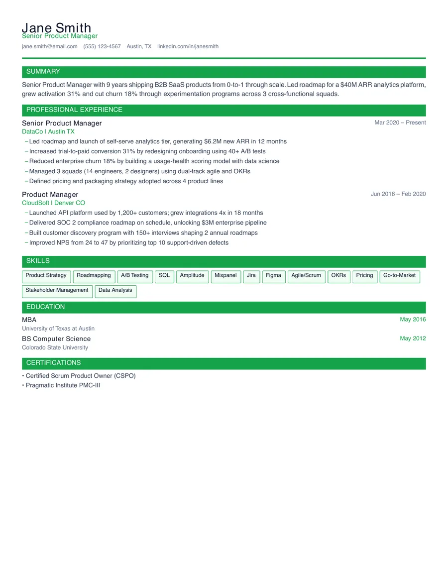 Compact résumé template, page one, filled in with a sample résumé