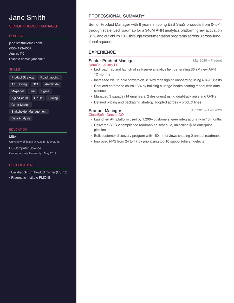 Executive résumé template, page one, filled in with a sample résumé