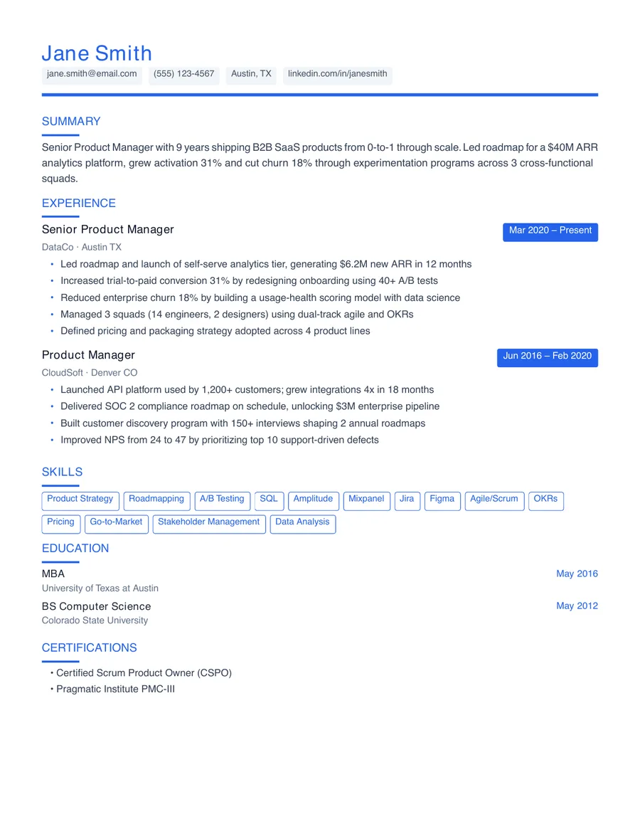 Modern résumé template, page one, filled in with a sample résumé