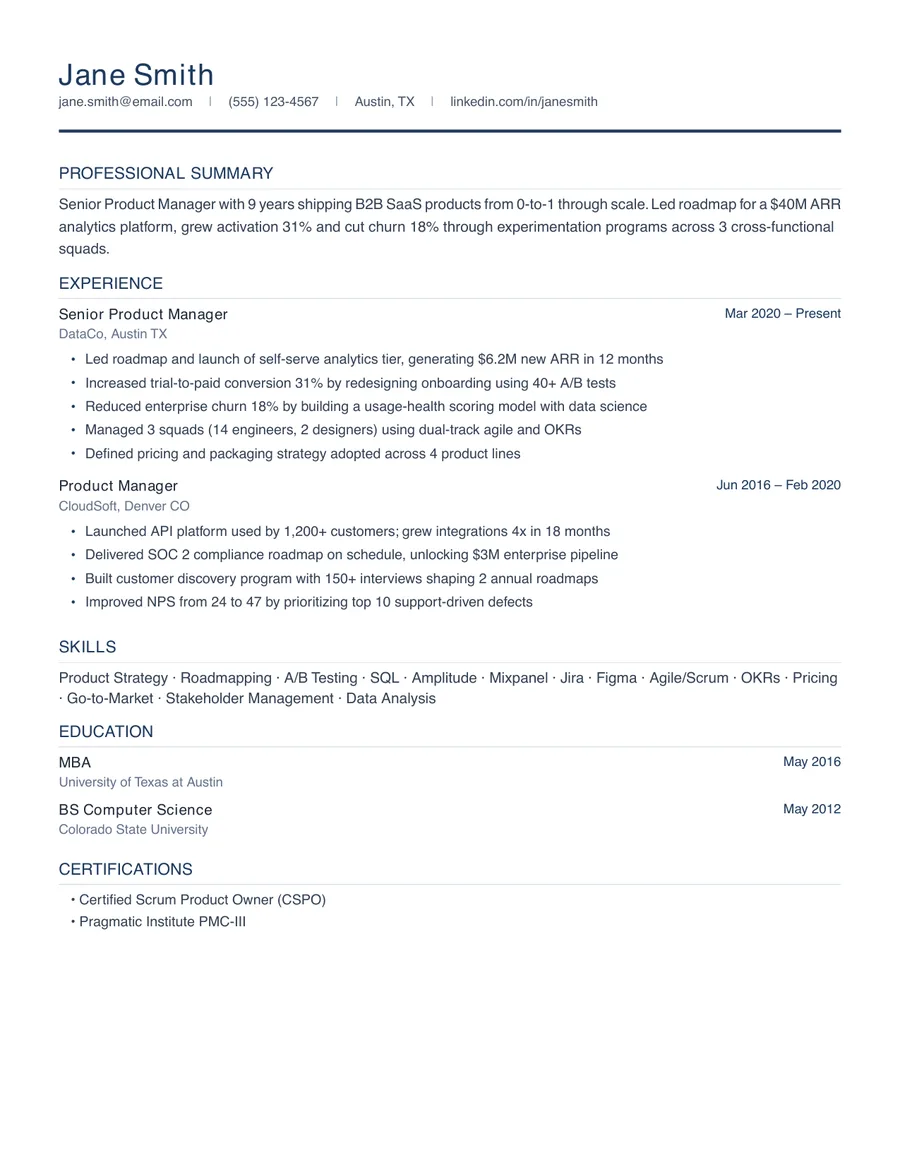 Professional résumé template, page one, filled in with a sample résumé